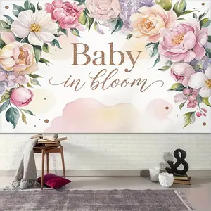 1pc Baby Shower Backdrop - Romantic Floral Baby in Bloom Pattern Party Decoration Banner Photo Studio Prop for Indoor Outdoor Celebration