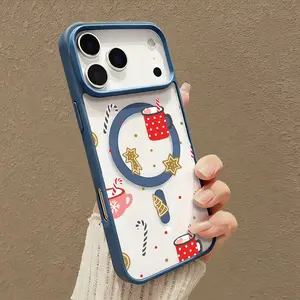 Christmas Style Hot Drink Cup Gingerbread Candy Cane Pattern Magnetic for iPhone 17 16 15 14 Pro Max 13 Shockproof Protection Transparent phone Case Collage  Aesthetic Fingerprint Game Handle Cellphone Casing Smartphone Cover Screen Protector Protective