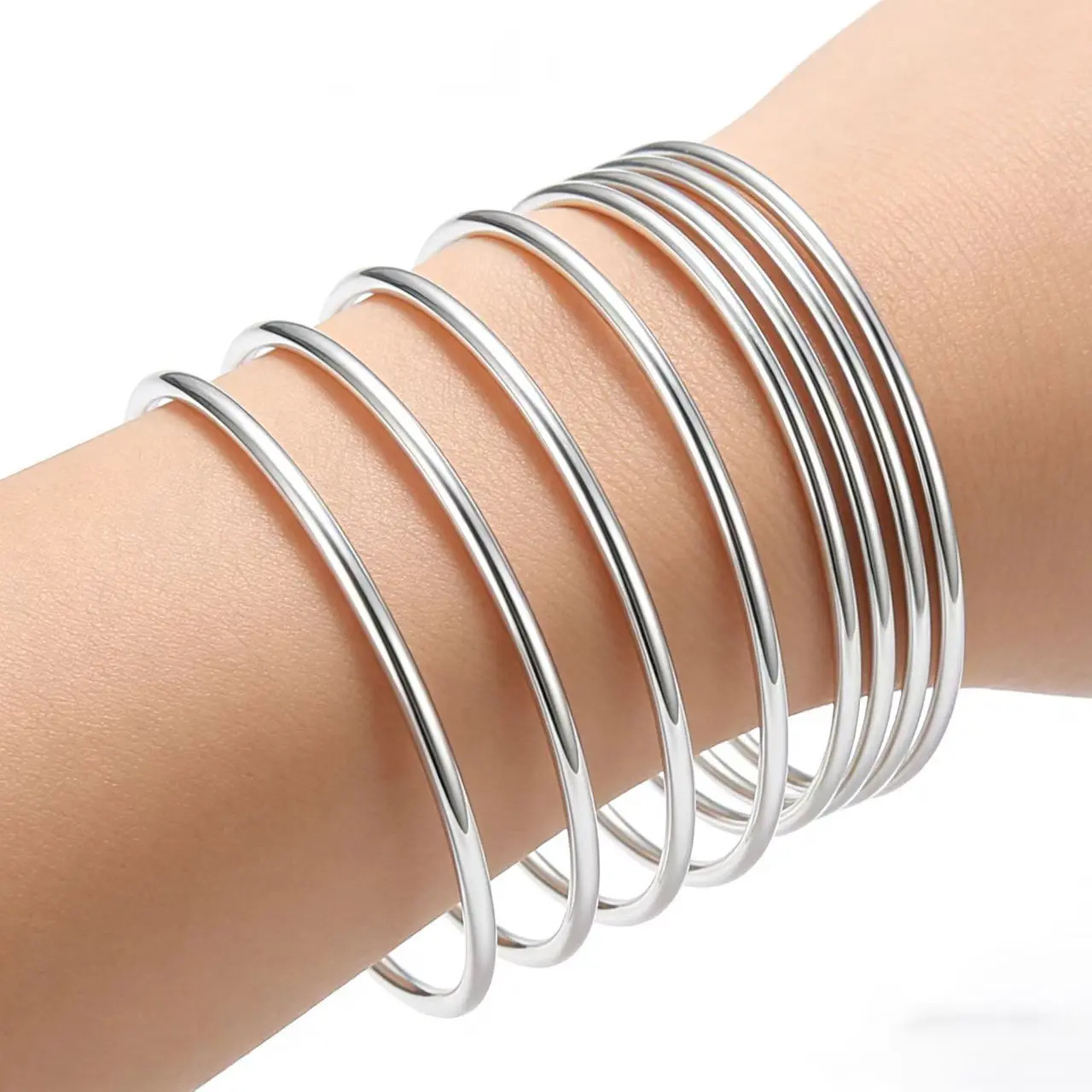 S925 Sterling Silver Bangle Bracelet Set for Women, Slim Stackable Polished Bangles, Minimalist Layered Jewelry Gift Mixed Metal bracelets & bangles