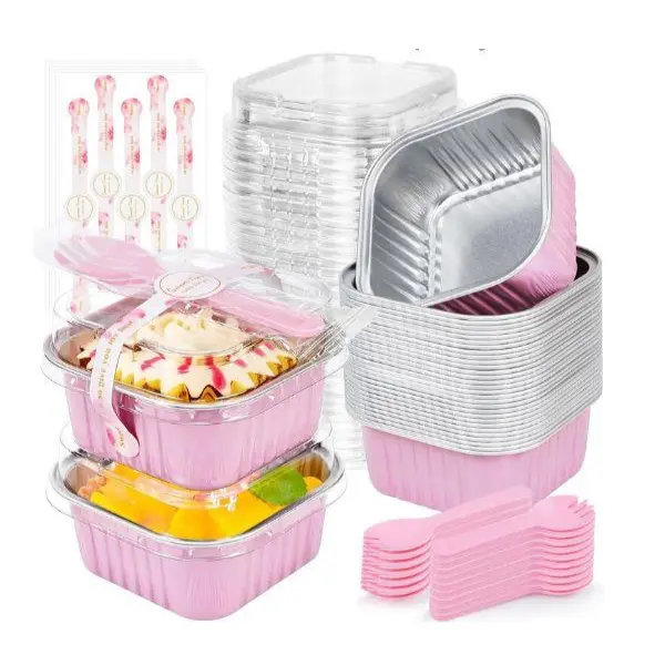 25-Pack 5oz Disposable Aluminum Foil Mini Cake Pans with Lids & Spoons - Meal Prep Containers, Cheesecake Ready Cupcake Mini Pans, Small Loaf Cake Cup for Party Use