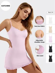 Women's Sexy Solid Color Spaghetti Straps Lace Trim Slinky Mini Dress Underwear Womenswear