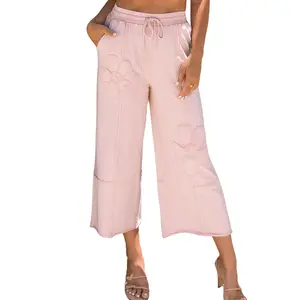 High Waist Floral Patch Mineral Washed Terry Knit Cropped Wide Leg Pants with Pockets