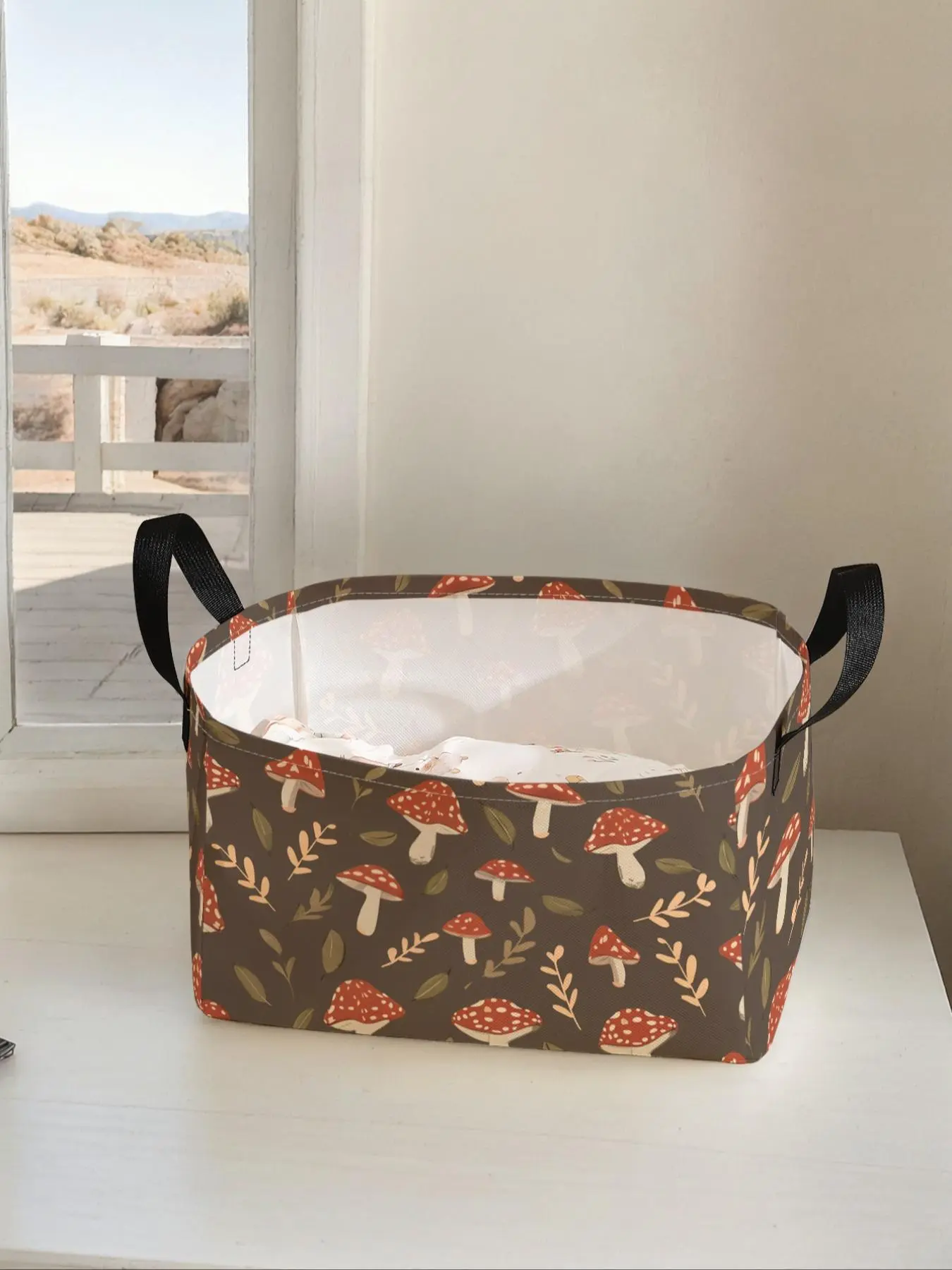 Mushroom Pattern Printed Open Storage Box, Multifunctional Portable Storage Basket with Handle, Foldable Clothes Storage Basket, Fabric Laundry Basket Organizer, Foldable Storage Baskets for Home Living Room Bathroom Kitchen
