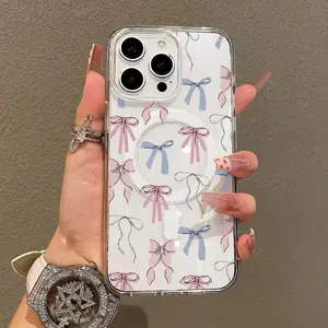 Magnetic Soft TPU Smartphone Case with Aesthetic Bow Ribbon - Lightweight, Anti-Scratch, Shockproof, Resistance Tech Accessory for iPhone 11/12/13/14/15/16/17 Pro Max, Trendy Protective Cellphone Accessories Cover
