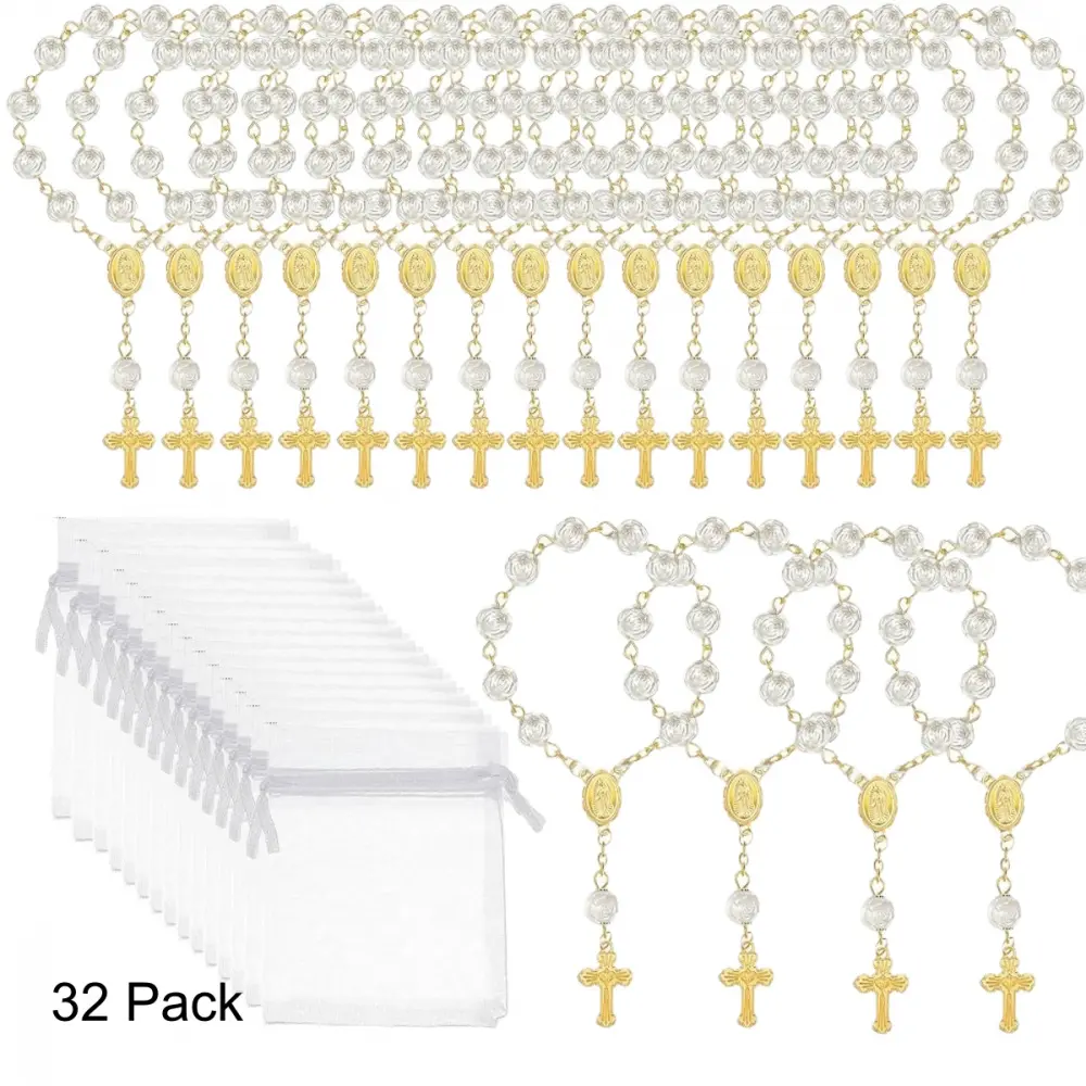 32-Pack Ivory Mini Rosaries - Faux Pearl & Acrylic Beaded Costume Jewelry Party Favors for Baptism, Christening with Cross Charms, Organza Bags, Exquisite Jewelry Gift