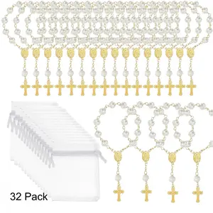 32 Pack Mini Rosaries Baptism Rosary Beads Acrylic Ivory Color Beaded Jewelry Faux Pearls Finger Baptism With Organza Bags For Christening Gift Weddings Party Favors