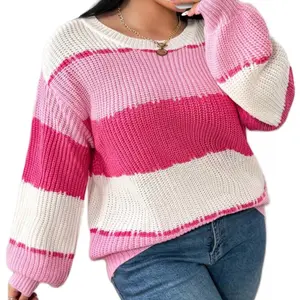 Plus Size Women Loose Fit Round Neck Knitted Sweater - Pink & Cream Stripes, Comfortable Knitting, Autumn/Winter Tops - Womenswear, Knitwear