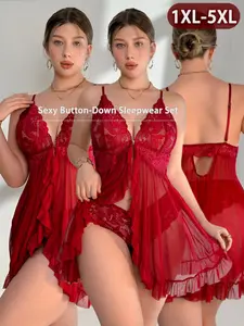 Plus Size Women Lace Sheer Sleepwear Loungewear Set, Floral Pattern Loose Fit Nightgown & Panties, Breathable Underwear for Home & Parties, Lingerie, Womenswear