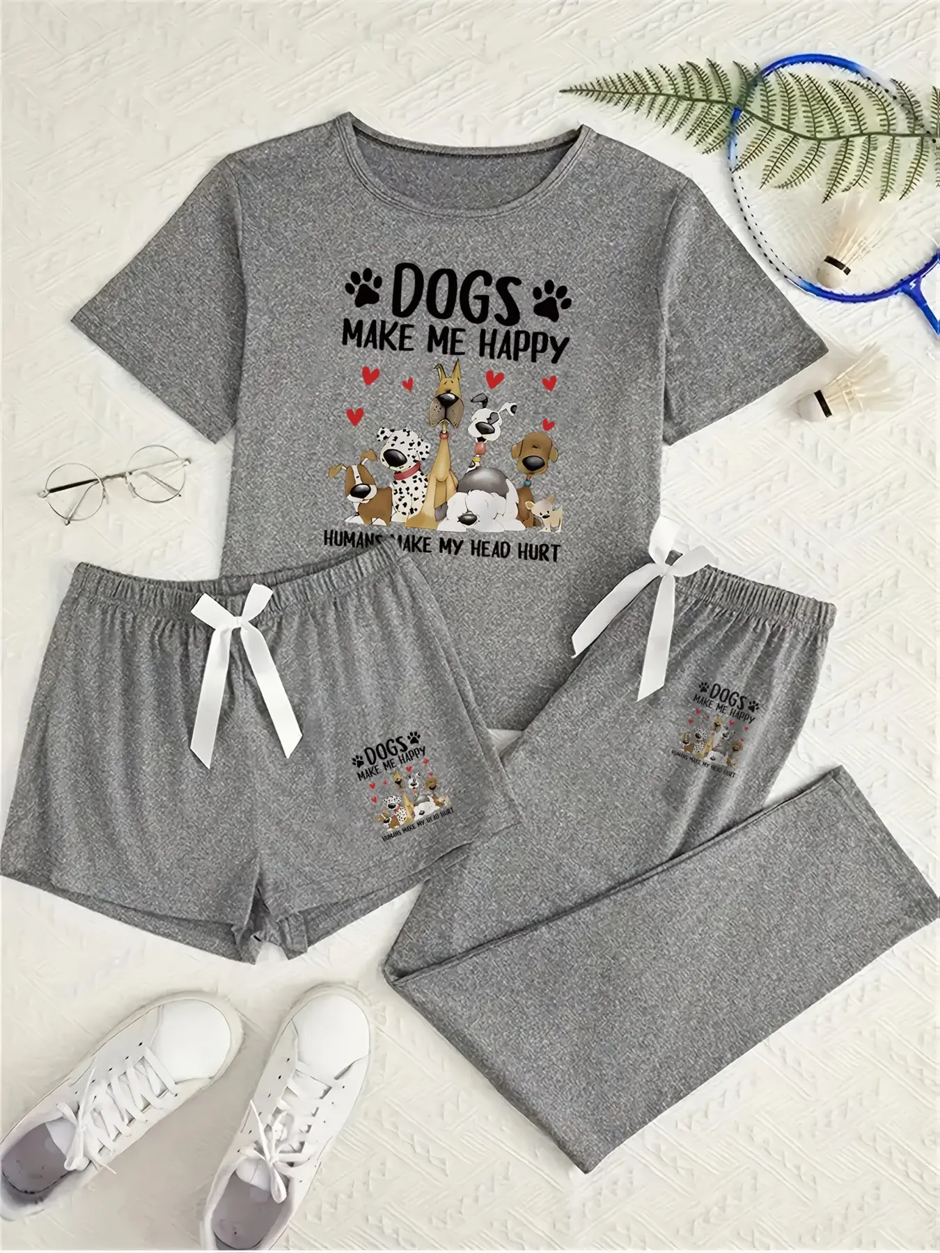 Women's Three-Piece Cartoon Dog Pattern Loungewear Set, Loose Fit All-Season Casual Everyday Home Wear, Comfortable Ladies' Sleepwear Pajama Set, Pajama Shorts, Pj Sets, Comfy Pajamas
