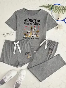 Women's Three-Piece Cartoon Dog Pattern Loungewear Set, Loose Fit All-Season Casual Everyday Home Wear, Comfortable Ladies' Sleepwear Pajama Set