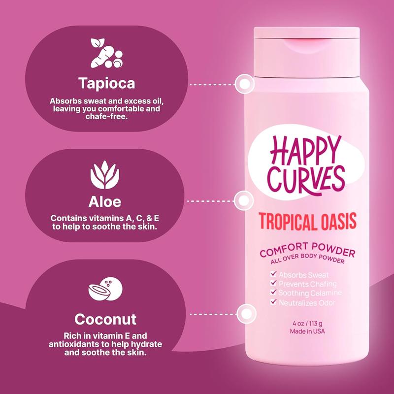 HAPPY CURVES Comfort Powder: Talc Free Anti Chafe Body & Foot Dusting Powder Deodorant to Control Inner Thigh Chafing, Private Areas, and All Over Body for Women 4 oz. (1 Pack, Tropical Oasis)