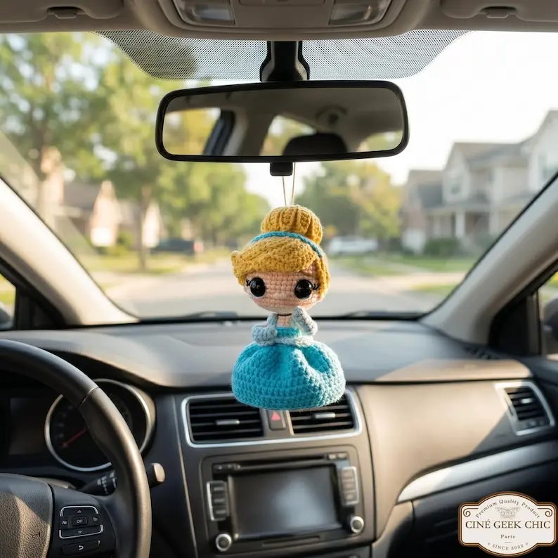 Handmade Princess Crochet Car Hanging, Glass Slipper Charm, Fairy Tale Inspired Rearview Mirror Ornament, Cute Car Decor Gift