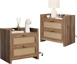 ight Stand Set of 2, Rattan Nightstands with Charging Station, Boho Bed Side Tables with 2 Drawers, Modern Night Stand for Bedroom, Study, Living Room, Walnut