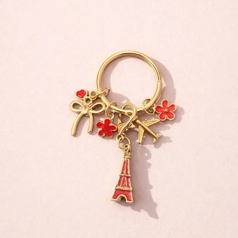 Charm Keychain- Bag Charm- Kindle Charm- Red Paris Eiffel Tower, Flower & Heart Gold Plane & Bow