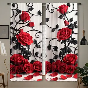 Elegant Rose Print Floor-Length Curtains Set of 2, Durable Polyester Fabric, Washable, Single-Sided Print, Rod Pocket Design