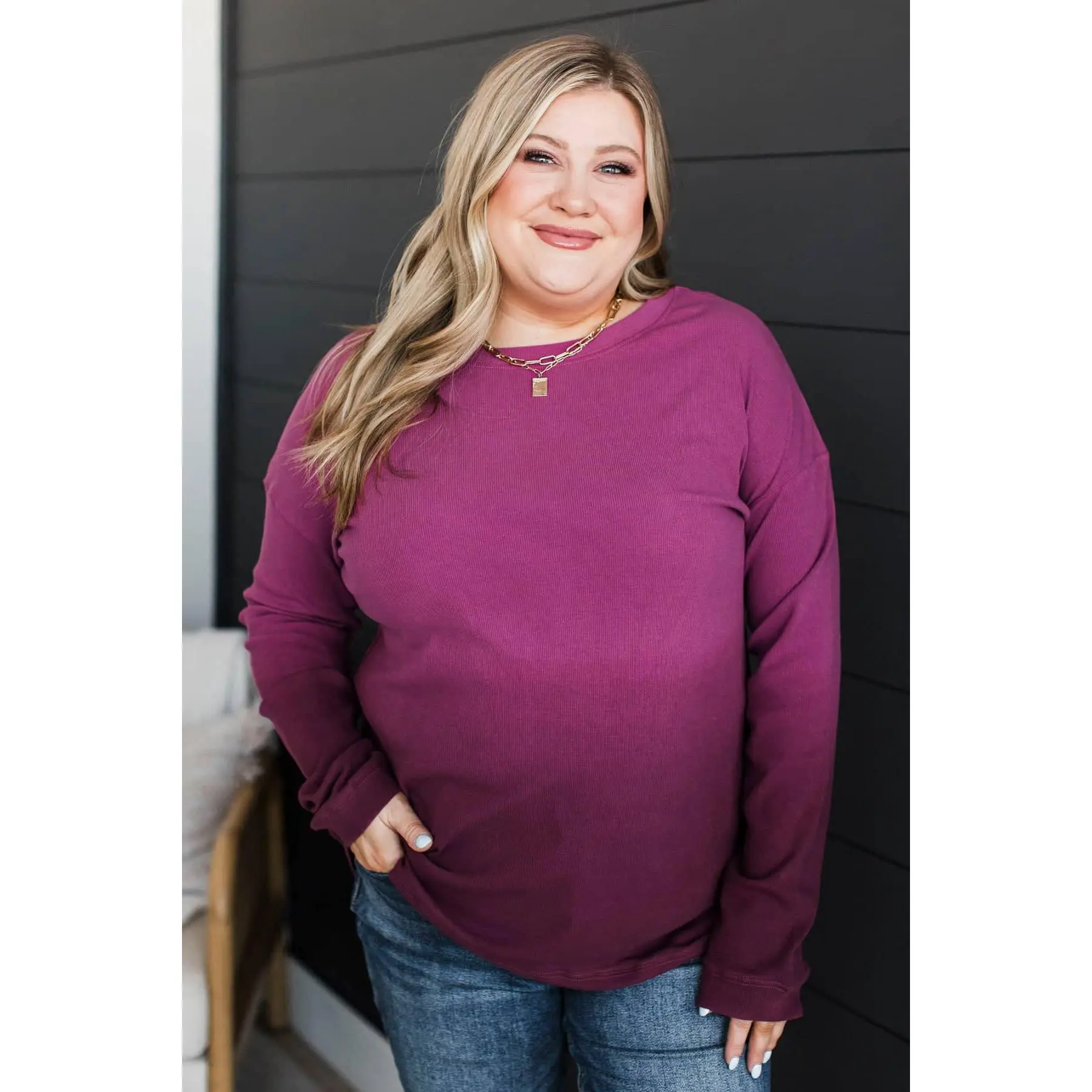 Women's Ombre Pullover Sweater - Casual Magenta Ribbed Knit Top with Drop Shoulders and a Relaxed Fit, Lightweight, Lady, Fabric, Round Neck, Sleeves