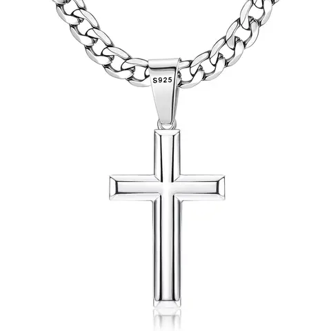 925 Sterling Silver Tarnish-Resistant Removable Cuban Crucifix Pendant Necklace for Adults, Christian Spiritual Jewelry with 5mm Beveled Edge Stainless Steel Diamond Cut Chain, 16-30in Unisex Cross Necklace Women