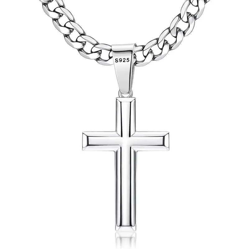 925 Sterling Silver Tarnish-Resistant Removable Cuban Crucifix Pendant Necklace for Adults, Christian Spiritual Jewelry with 5mm Beveled Edge Stainless Steel Diamond Cut Chain, 16-30in Unisex Cross Necklace Women