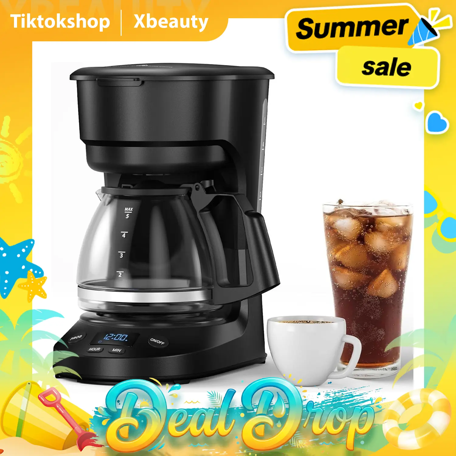 XBEAUTY 5-Cup Drip Coffee Maker, 24H Programmable Timer, 25oz Water Reservoir, Delay Brew, Keep Warm Plate, Auto-Shutoff, Reusable Filter, Overheat Protection - Ideal for Home/Office (Black) summerwins