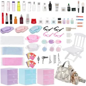 77Pcs Dollhouse Bathroom Accessories Set - Miniature Makeup & Toiletries with Storage Cases, Handbag, Hair Dryer - 1:12 Scale Doll House Decor for Girls