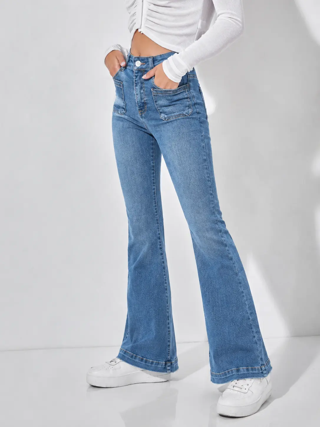 Women's High-Waisted Elastic Micro Flared Jeans - Button Closure, Fashionable Fit, Womenswear Bottoms