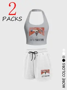 Women's 2-Piece Set, Vintage Western Style, Halter Top + Drawstring Shorts, Soft Fleece Cotton, Home & Streetwear, Light