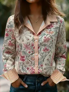 Women's Floral Print Shirt with Stand Collar, Fashionable Farmhouse Style, Casual Vacation Wear, Ladies' Stylish Blouse, All Seasons Blouse