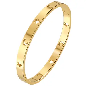 OIDEA Women's Star Moon Bangle Bracelet, Gold-Tone Stainless Steel Hollow Crescent Cuff, Celestial Birthday Jewelry Gift, Bracelets