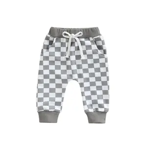 Newborn Toddler Baby Boy Pants Cotton Checkerboard Plaid Jogger Pants Elastic Waist Casual Long Pants