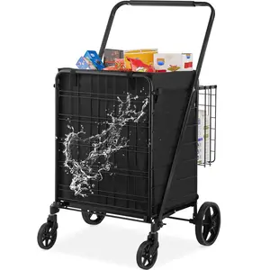 Folding Shopping Cart, 210LBS Heavy Duty Jumbo Utility Cart with Wheels, Removable Liner, Dual Basket, 360 Swivel, Metal Mesh Base for Groceries, Laundry Static Load 330 lbs, Dynamic Load 186 lbs