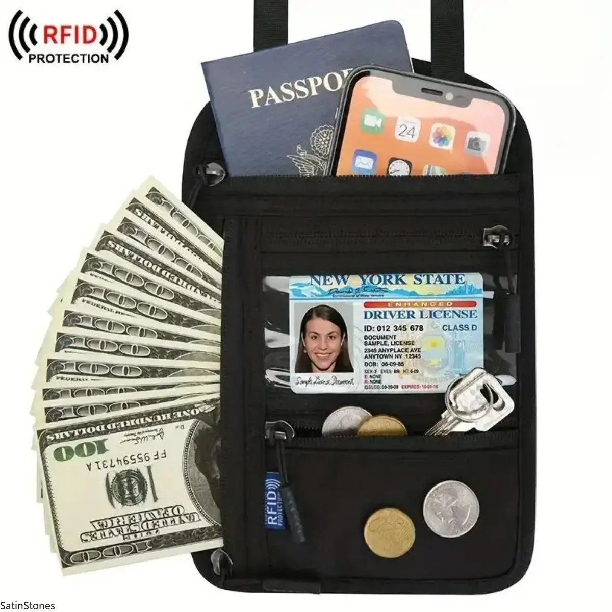 Unisex RFID Blocking Neck Wallet - Durable Nylon Passport Cover, Adjustable Strap, Concealable Multi-Functional Crossbody Bag for Secure Business & Travel Storage, Travel Accessories