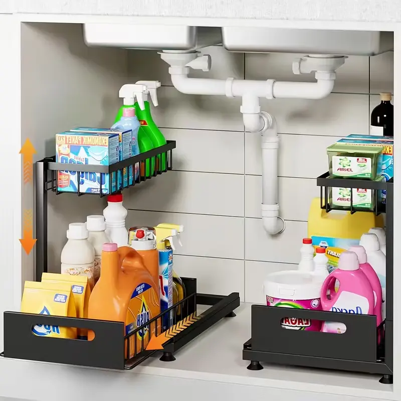 Rust-proof Steel Pull-out Cabinet Sliding Drawer Shelf Organizer Storage, 1-Piece Black Baking Paint L-Shaped Rack with Easy Installation - 50 lbs Load Capacity, 14.2*10.6*11 in, Apartment Accessories for Kitchen Use