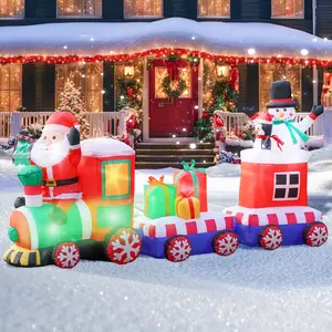 Christmas Inflatable Train Set with Santa Snowman & Penguin Built-in LED Lights Gift Boxes for Outdoor Garden Lawn Yard & Christmas Party Holiday Decorations