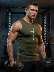 Men's Faith Cross Print Sleeveless Compression Shirts, Gym Workout Fitness Athletic Tank Top, Summer Quick Dry Sports Running Basketball Undershirt Base Layer