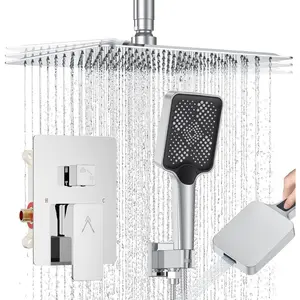 Shower System Modern Rain 8 inches Brass Faucet Set With Valve and Diverter Shower Mixer With Handheld High  Square Rainfall Shower Valve (12'' Ceiling Mount, Chrome Polished)