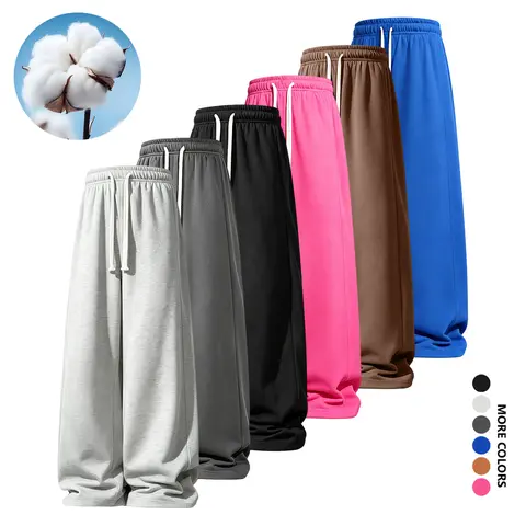 Menswear Men's Baggy Straight-Leg Sweatpants - Cotton Blend Plain Drawstring Lounge Pants with Pockets, All-Season Casual Streetwear for Everyday Wear