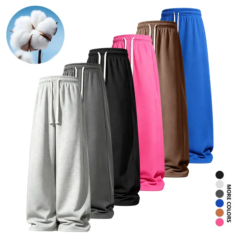 Menswear Men's Baggy Straight-Leg Sweatpants - Cotton Blend Plain Drawstring Lounge Pants with Pockets, All-Season Casual Streetwear for Everyday Wear