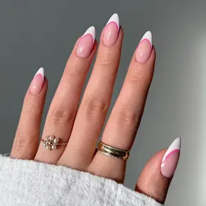 24pcs Spring Gradient Nail Art Set, Nude Base Color, Rose Edge, French Style, Almond Shape, Easy Peel & Stick, 5 Min Transformation, Almond Fake Nails