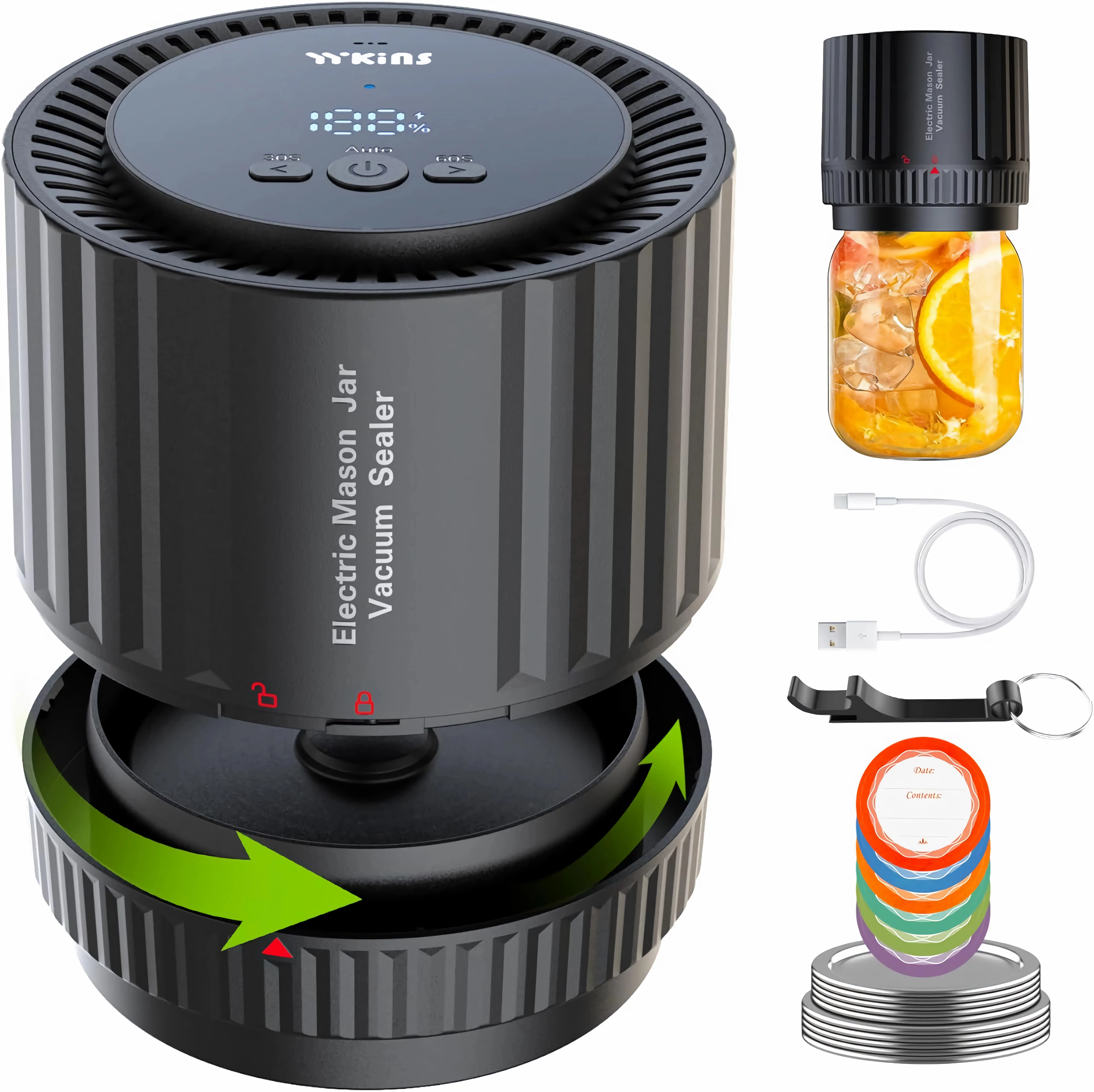 Electric Mason Jar Vacuum Sealer Kit, 2024 Auto Jar Vacuum Sealer for Mason Jars Handheld, True Bright Jar Sealer Canning Machine with Can Opener Regular Wide Mouth Jar Lids for Food Storage