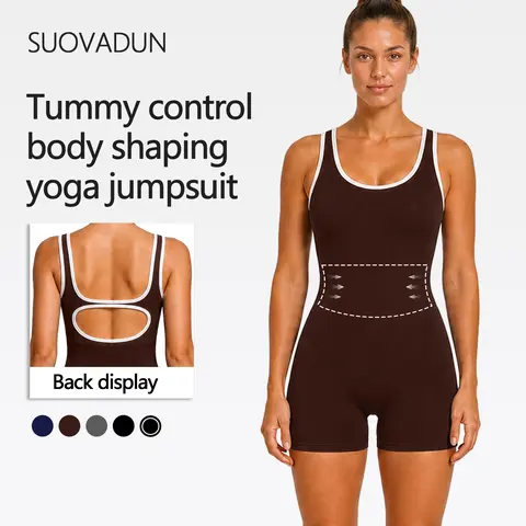 SUOVADUN Women Sleeveless Gym Romper Must Have Fit Girl Contour One Piece Athletic Shorts Unitard Ribbed Fabric Open Back Design Slim Fit Workout Jumpsuit for Training & Street Wear
