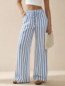 Women's Blue White Vertical Striped Elastic Waist Wide Leg Pants, Y2K Streetwear Lightweight Linen Blend Loungewear Pants, Summer Casual Drawstring Waist Beach Pants, For Daily Wear, Vacation, #springsaledeals2