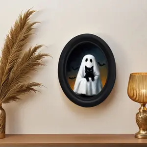 Vintage Ghost Holding Cat Wall Decor, Gothic Victorian Style 3D Painting, Handmade Photo Transfer Print, Wooden Wall Art, Halloween Christmas Decoration