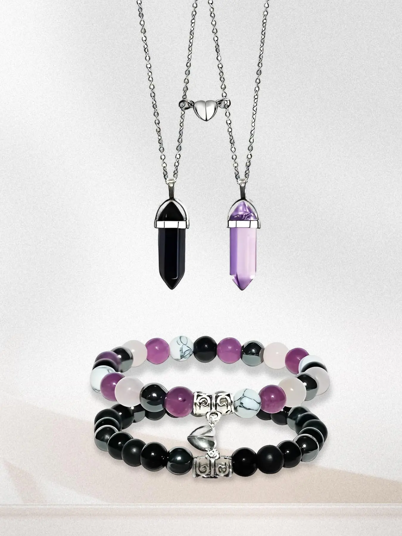 Natural Stone Crystal Jewelry Set, Couple Love Bracelet & Hexagonal Pillar Necklace, Fashion Jewelry Accessories for Women & Men, Couple Gift, Versatile Wear, Alloy, Polyamide, Unique Properties