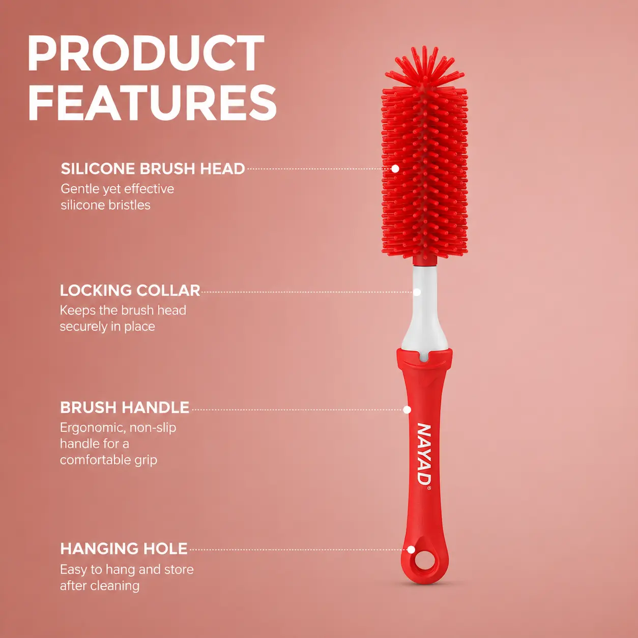Silicone Bottle Brush for Water Bottles, Long Handle Cleaning Brush with Soft Flexible Bristles, Reusable Bottle Cleaner for Tumblers, Sports Bottles, Baby Bottles & Glasses