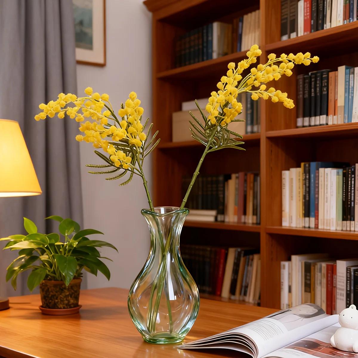 6pcs Artificial Mimosa Flower Bouquet |   Handmade Yellow Buds and Green Foliage, Lifelike Plastic Flowers and Leaves on Stems