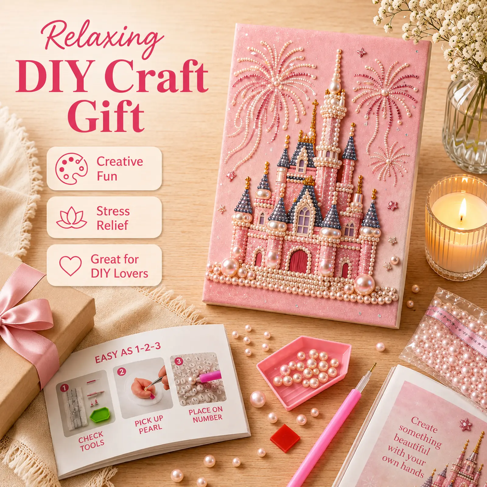 ZaiDoc DIY Fireworks Romantic Castle 5D Sparkling Bead Painting Gift Set, Warm Gradient Textured Canvas Number Painting, Coastal Scenery Wall Centerpiece for Room Styling & Exclusive Handmade Souvenir Gifts