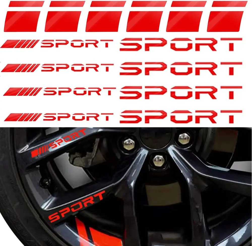 14pcs Car Decal Stickers,Wheel Rim Decal Sticker,Sport Logo Reflective Stickers,Sport Emblem Car Rear Bumper Sticker,Rear Mirror Decals for All Vehicles(Red,14PCS)