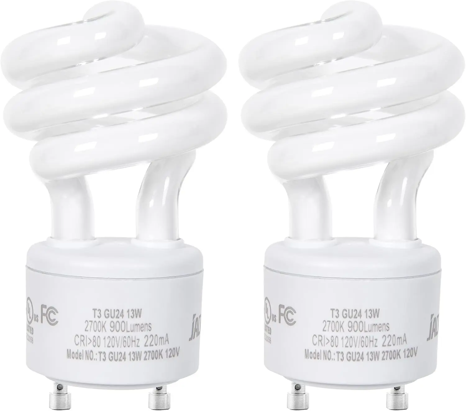 UL-Listed GU24 CFL Light Bulbs, T3 13W 2700K Warm White GU24 Base Compact Flourescent Bulbs, Energy Efficient 900lm Spiral Bulb, 2-Pack