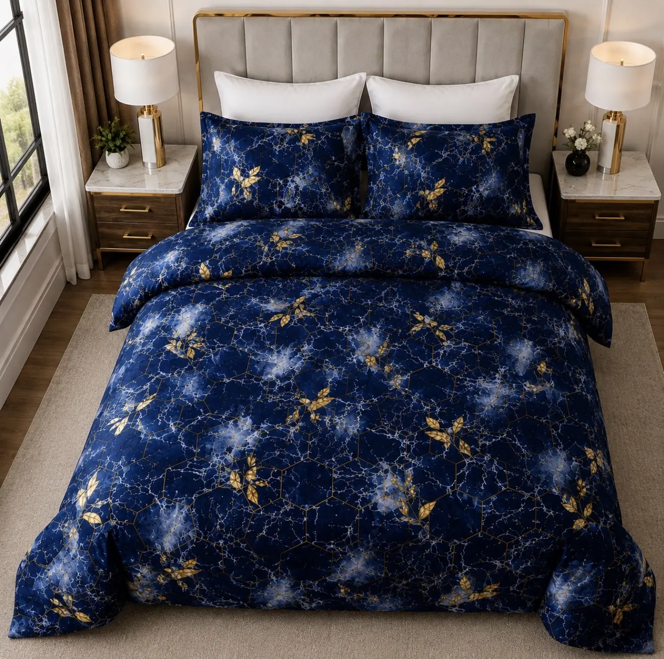 King Size 6-Piece Microfiber Sheet Set – Deep Pocket, dark blue & Gold Floral