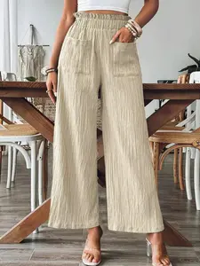 Women's Solid Color Pocket Trouser, Casual Comfy Wide Leg Trousers for Summer, Women's Bottoms for Daily Wear